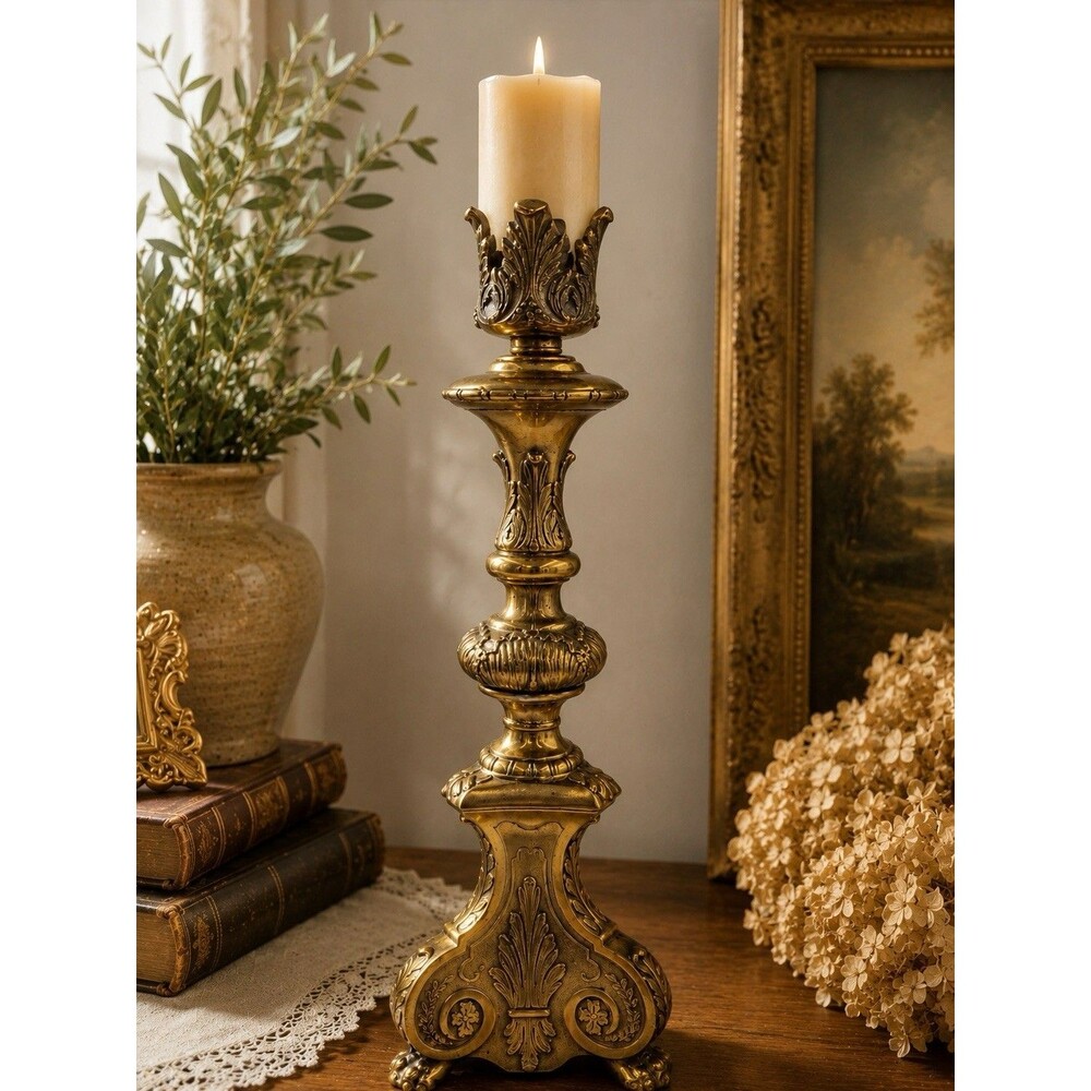 VTG Brass Altar Candlestick Holder 17” Heavy Cast Metal Ornate Baroque Paw Feet